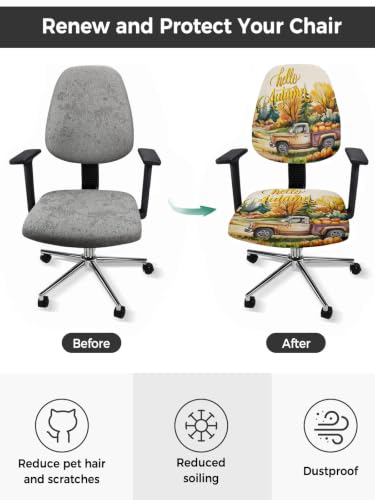 Savannan Office Chair Cover, Vintage Farm Truck Pumpkins Protective Stretch Elastic Universal Cover for Desk Task Chair,Computer Rotating Chair 1 Pcs Hello Autumn on Linen