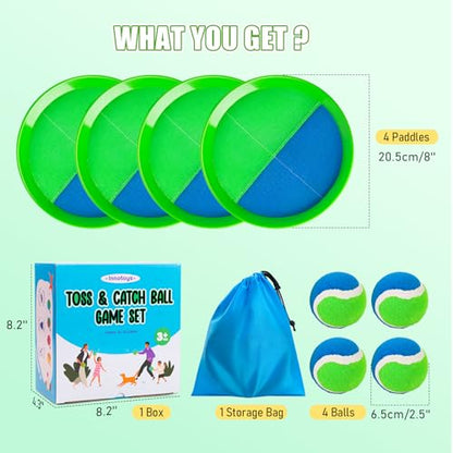 Toss and Catch Ball Game Set, 4 Paddles and 4 Balls Outdoor Paddle Catch Game for Kids, Backyard Beach Pool Yard Toy, Summer Birthday Gift for Boys Girls Ages 4-12 - color: Green Blue