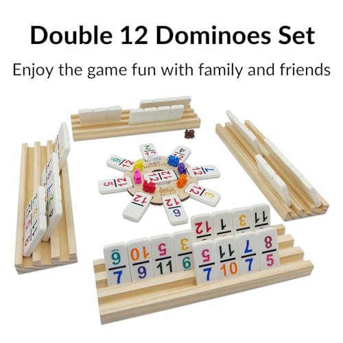 Mexican Train Dominoes Set with Numbers and 4 Wooden Racks, Double 12 Domino Travel Set with Wooden Hub, 91 Colored Domino Tiles Game Set with for Family Game Night - style: 4 Racks