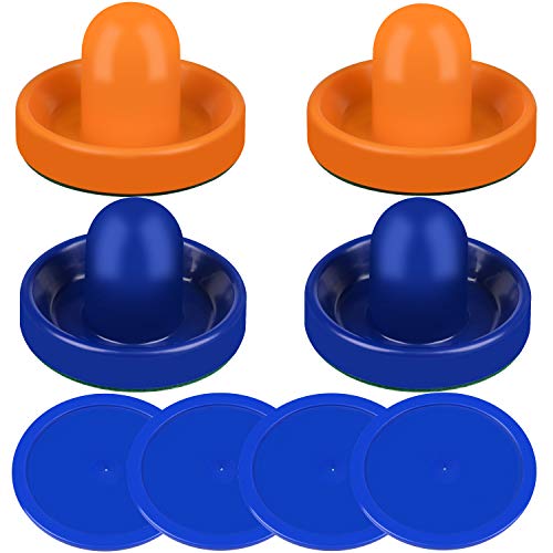 ONE250 Air Hockey Pushers and Red Air Hockey Pucks, Goal Handles Paddles Replacement Accessories for Game Tables (4 Striker, 4 Puck Pack) - color: Orange & Blue