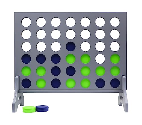 Giant 4 in a Row Game for Family & Adults – Tailgating Pros Jumbo Grey Wooden Four in a Row Indoor & Outdoor Yard Game for Family Party Fun, Portable Activities for Patio, Backyard, and Camping - color: Blue / Lime