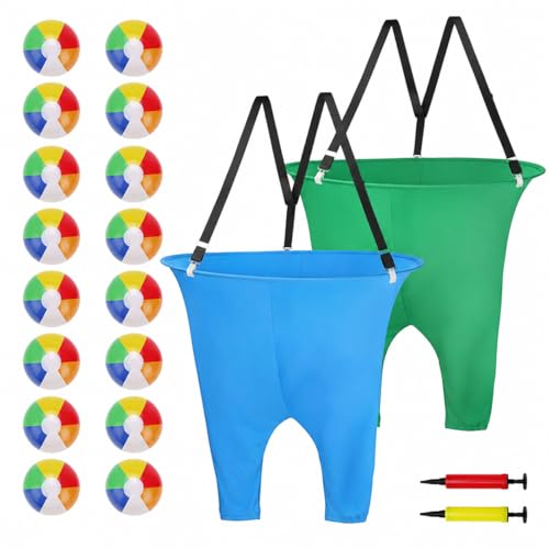2 Pcs Granny Pants Yard Game with Suspenders, 16 Bouncy Balls & 2 Pumps - Hilarious Outdoor Party Game for Adults, Kids, Family Reunions & Field Days - color: Blue & Green
