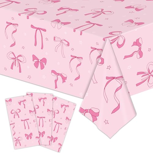 3 Pack Pink Bow Party Tablecloths – 54"x108" Disposable Waterproof Party Table Covers Girls Birthday, Baby Shower, Princess Party Decorations(Pink Bow) - color: Pink Bow Tablecovers
