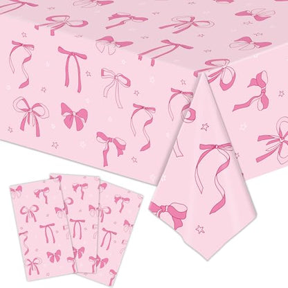 3 Pack Pink Bow Party Tablecloths – 54"x108" Disposable Waterproof Party Table Covers Girls Birthday, Baby Shower, Princess Party Decorations(Pink Bow) - color: Pink Bow Tablecovers