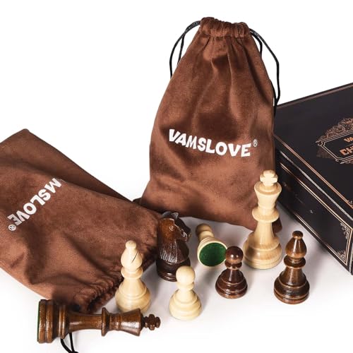 Vamslove Wooden Heavy Weighted Chess Pieces Only-3.8'' King-Extra 2 Queens-34 Wood Tournament Chessmen for Chess Set,Velvet Storage Bags Included