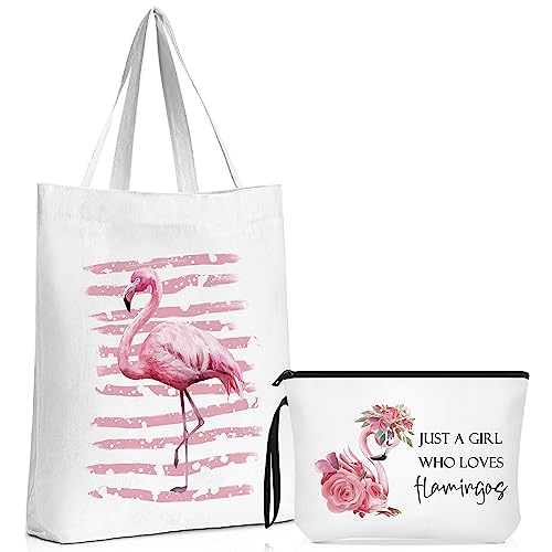 Sieral 2 Pcs Animal Lover Bag Gift for Women Travel Canvas Tote Portable Zipper Pouch Canvas Reusable Grocery Tote - style: Flamingo