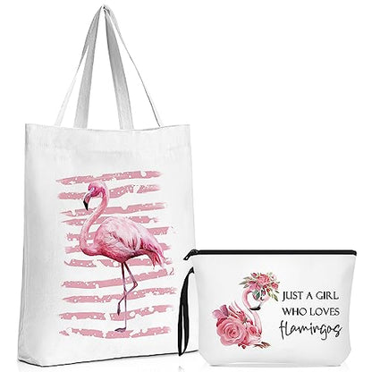 Sieral 2 Pcs Animal Lover Bag Gift for Women Travel Canvas Tote Portable Zipper Pouch Canvas Reusable Grocery Tote - style: Flamingo