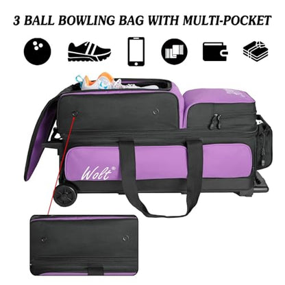 WOLT 3 Ball Bowling Bags with Wheels,Bowling Ball Bag 3 Ball Roller with Separate Shoe Compartment and Accessory Pocket, Retractable Handle Extends to 38’’ - color: Purple