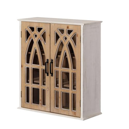 LKTART Solid Wood Wall Mounted Cabinet,Hanging Kitchen Storage Cabinet | Farmhouse Wall Mounted Wood Storage Cabinet; Solid Wood Construction;Glass Door;Adjustable Shelves;Kitchen;Bathroom;Dining - color: Natural+ Antique White