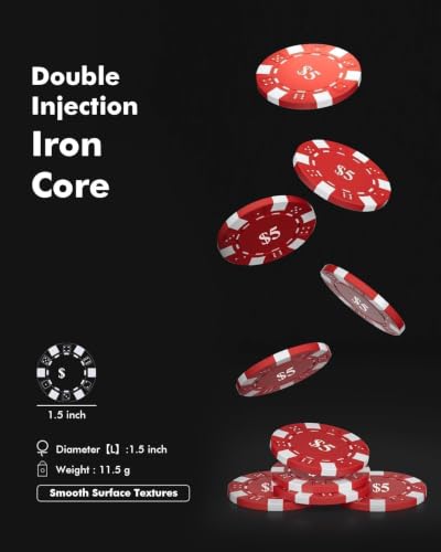 HEITOK 600pc Poker Chip Set 11.5g Iron Core Denominations Texas Holdem | 2-16 players, numbered values 1/5/25/100/500, aluminum case, cards, dice, dealer/small/big blind buttons, Blackjack - size: 600 numbered chips set
