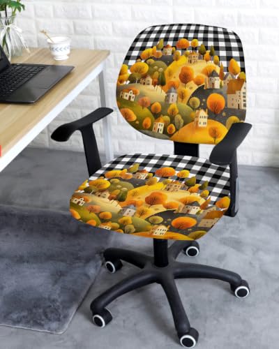 Savannan Office Chair Cover, Watercolor Hills House Protective Stretch Elastic Universal Cover for Desk Task Chair,Computer Rotating Chair 1 Pcs Autumn Trees on Black White Check