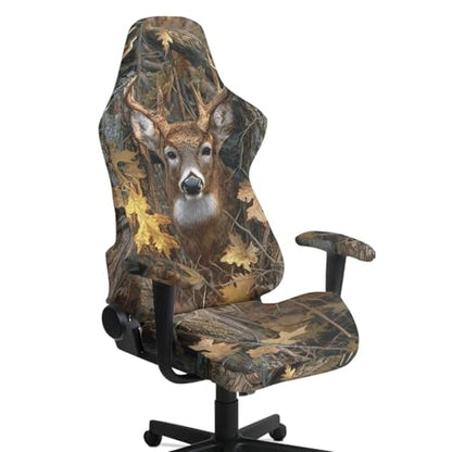 Suobstales Deer Hunting Camo Leaves Pattern Gaming Chair Cover, Removable Office Chair Cover with Zipper, Stretch Anti-dust Universal Washable High Back Computer Seat Protector for Pets - color: Deer Hunting Camo Leaves