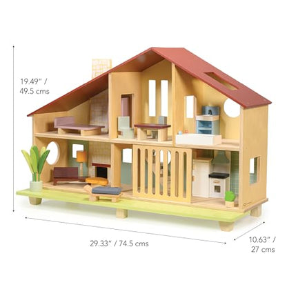 Mentari Toys - Cedar Chalet - Mid-Century Modern Dollhouse for Kids - Fully Furnished, Sustainable Rubberwood, Educational Toy for Toddlers & Preschoolers Age 3+