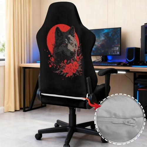 Wolf Flower Print Game Chair Cover with Armrest Covers Soft Comfy Elastic Computer & Gaming Chair Slipcover Dust-Proof Washable Rotating Chairs Protector - color: Black and Red - Wolf Flower