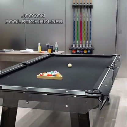Pool Stick Holder Wall Mount | 6 Cue Rack with Ball Holder & Cue Rest | Engineering Polypropylene Board with Carbon Fiber Veneer | pool cue holder for Game Room & Pool Table Accessories