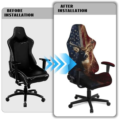 Suobstales Deer Lightning American Flag Pattern Gaming Chair Cover Washable Gaming Chair Slipcovers with Armrest Covers, Stretchable Universal Fit Ergonomic Office Desk & Racing Computer Gamer Chairs - color: Deer Lightning American Flag