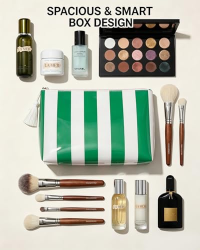 Striped Makeup Bag with Tassel Zipper, Large Waterproof Cosmetic Travel Pouch forWomen, Preppy Aesthetic Toiletry Bag Travel Essentials for Girls, Beach Bag Essentials Organizer Gift(Green White) - color: Green White