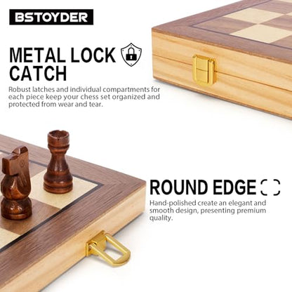 Magnetic Wooden Chess Set for Adults Kids, 15" Folding Chess Boards with 2 Extra Queens, Portable Travel Chess Sets with Pieces Storage Slots, Beginner Chess Game Set for Kids, Adults