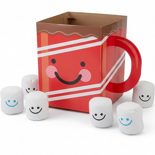 Holiday Hot Chocolate Bean Bag Toss Game, 8 Pc Christmas Party Game for Kids and Adults, Indoor Winter Activity with Marshmallow Bean Bags for Family, Classroom, Events and Carnivals