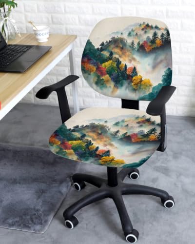 Savannan Office Chair Cover, Vintage Autumn Forest Tree on Linen Protective Stretch Elastic Universal Cover for Desk Task Chair,Computer Rotating Chair 1 Pcs Rustic Mountain Scenic