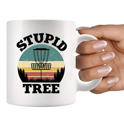 Panvola Stupid Tree Disc Golf Gifts Funny Disc Golf Player Gifts For Dad Mom Grandpa Grandma From Son Daughter Husband Wife Novelty Drinkware Ceramic Mug (White, 11 oz)