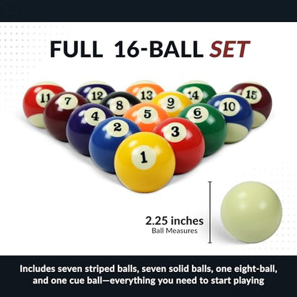 Hathaway Regulation Pool Balls Billiard Set of 16 - Standard Pool Table Accessories with 7 Striped, 7 Solid-Colored, a Black 8-Ball, and a White Cue Ball