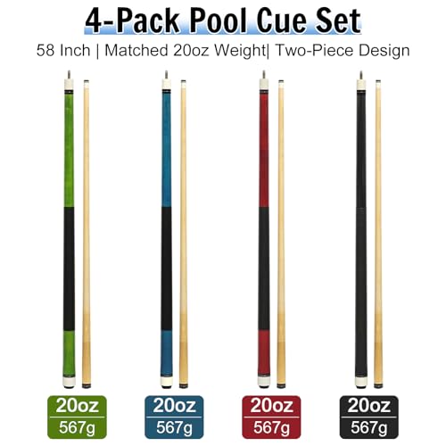 Pool Cue Sticks 4-Pack, 58 Inch Billiard Cues for Home & Bar Play, Solid Maple Wood Pool Sticks with 12.5mm Multi-Layer Leather Tip, Leather Grip, Digital Printed Butt (20oz Each)