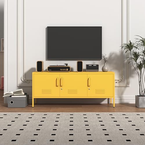 3 Door Lockable Metal TV Stand Storage Cabinet with Accent Cabinet Locker, Wide Heavy Duty Media Console for Large 100+ Inch TVs, Home Office Entertainment Center, Yellow 22"H X 47.3"W X 13.8"D - color: Mustard, style: TV stand-22"H-LM