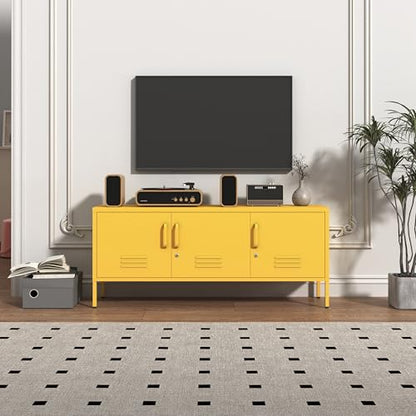3 Door Lockable Metal TV Stand Storage Cabinet with Accent Cabinet Locker, Wide Heavy Duty Media Console for Large 100+ Inch TVs, Home Office Entertainment Center, Yellow 22"H X 47.3"W X 13.8"D - color: Mustard, style: TV stand-22"H-LM