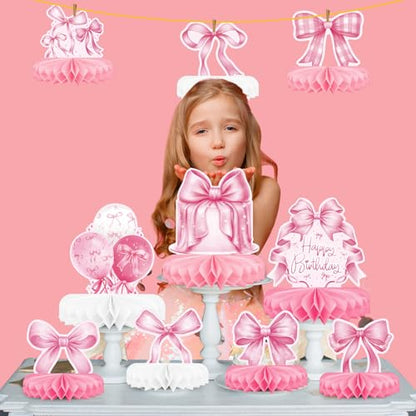 Pink Bow Birthday Decorations Set - Bow Party Decorations with Honeycomb Centerpieces & Table Centerpieces for Splendid Pink Bow Themed Party Supplies - style: pink bow
