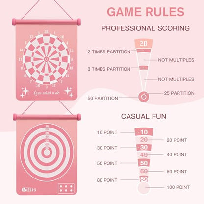 Gitus Pink Magnetic Dart Board Game for Teen Girls, 12 Soft Darts Kids Dart Set, Girls Room Wall Decor, Trendy Gift Ideas for 8-16 Year Old Teenage Girls, Safe Indoor Bedroom Play Toy