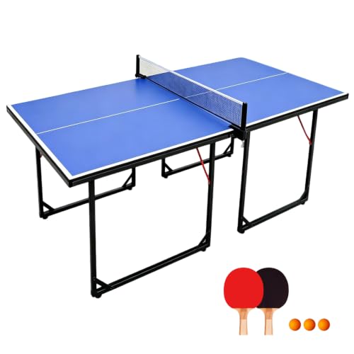 6x3 FT Table Tennis Table, No Assembly Required Portable Ping Pong Table Set with Net, 2 Table Tennis Paddles and 3 Balls, Space Saving Mid-Size Game Table for Home, Garage & Family Fun - color: Black Legs