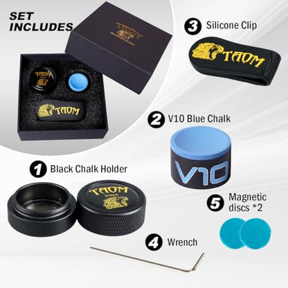 TAOM Upgrade Pool Chalk Holder Round Shaped Practical Tool Billiards Accessories Magnetic Mini Chalk Tip Case Container Round Box Billiards,Cue Tip Tool Scuffer Shaper - color: 1-Gift Set-Black with V10 Blue