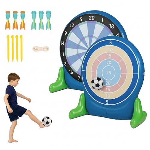Hearthsong Jumbo 57-Inch Inflatable 2-in-1 Darts and Soccer Set with Double-Sided Scoreboard, Two Soccer Balls, Six Darts, Outdoor Play, Ages 5 and Up