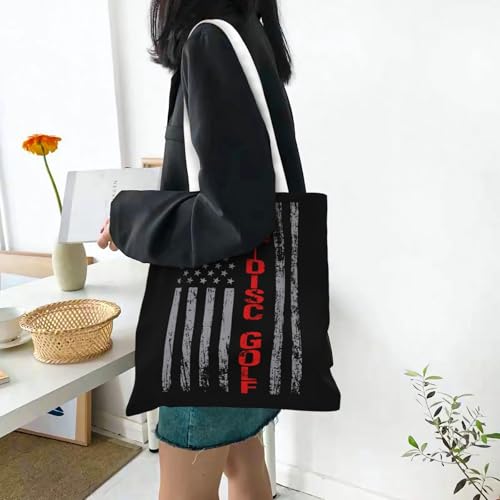 NIENIE Disc Golf With Usa Flag Tote Bag for Women Shopping Bags Reusable Large Capacity Casual Shoulder Handbags DIY Gift Bags Cute Canvas Tote Bag