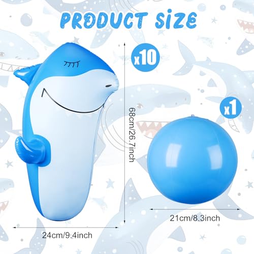 Foilswirl 11 Pcs 27" Shark Inflatable Bowling Set, 10 Pcs Giant Inflatable Bowling Pins and 23" Giant Ball, Summer Shark Party Set for Water Sports Fun Indoor Outdoor Gift