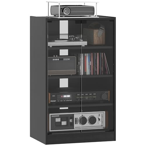 21" Storage Cabinet with Tempered Glass Doors, Floor Storage Cabinets with Adjustable Shelves, Storage Locker with Cable Management Holes for Living Rooms & Media Equipment, Distressed Black