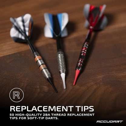 Accudart 50‑Pack Replacement Soft Tip Dart Points – 2BA Thread Tips for Electronic Dartboards – 20 Black, 15 Red, 15 White – Customizable Soft Tip Darts