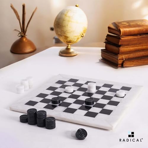 Radicaln Marble Checkers Board Game 15" Inches White and Black Handmade 2-Player Tournament Checker Set, Board Game Set – Elegant Holiday - color: White and Black