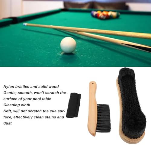 Billiards Pool Table and Rail Brush Set, Solid Wood Billiard Table Nylon Brush 10.5 Inch Handle Cleaner Tools Supplies with Cue Cleaning Cloth Snooker Accessories