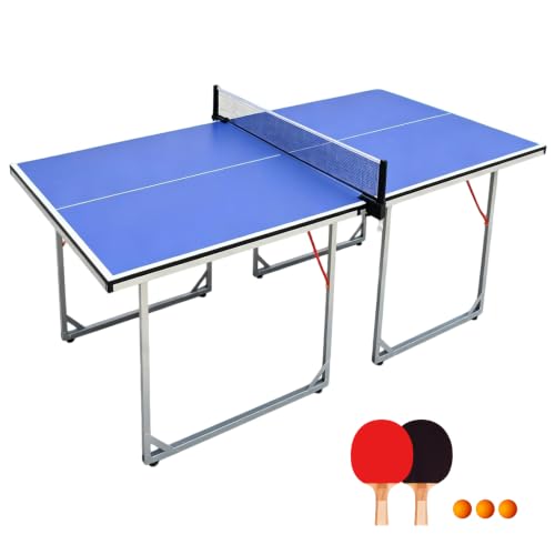 6x3 FT Table Tennis Table, No Assembly Required Portable Ping Pong Table Set with Net, 2 Table Tennis Paddles and 3 Balls, Space Saving Mid-Size Game Table for Home, Garage & Family Fun - color: White Legs