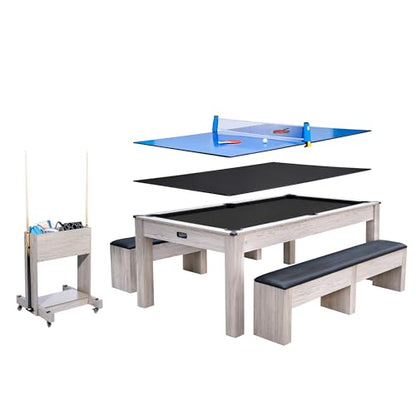 7FT 3-in-1 Convertible Pool Table for Home & Game Rooms – Billiard, Dining, and Table Tennis Combo – Includes Cue Sticks, Balls, Table Tennis Accessories, and Rolling Storage Cart – - color: Black