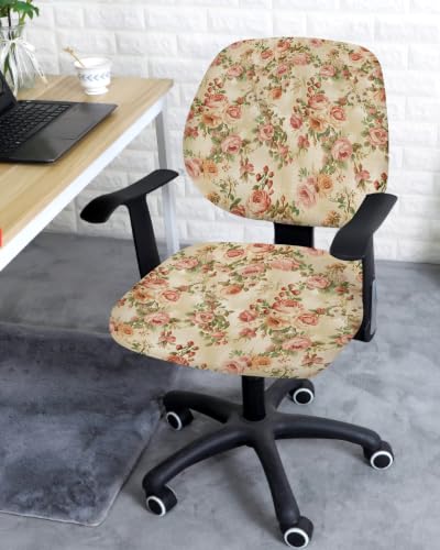 Savannan Office Chair Cover, Pink Rose Vintage Linen Protective Stretch Elastic Universal Cover for Desk Task Chair,Computer Rotating Chair 1 Pcs Classic Floral Leaves Plant