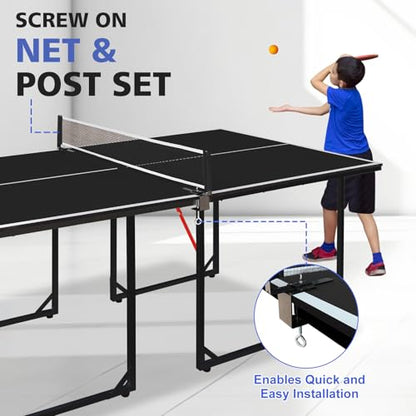6ft Mid-Size Table Tennis Table Foldable & Portable Ping Pong Table Set for Indoor & Outdoor Games with Net 2 Paddles 3 Balls Black Tabletop
