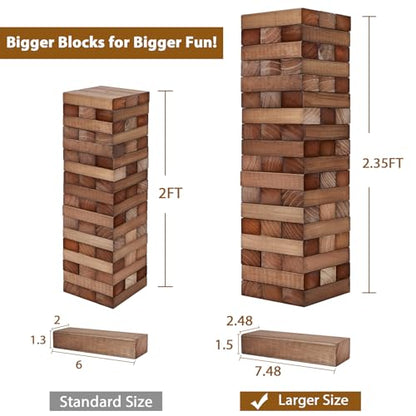 ApudArmis Giant Tumble Tower Stack to Over 5Ft, 56 PCS Pine Wooden Stacking Timber Game with 1 Dice Set - Classic Block Giant Outdoor Game (7.48 * 2.48 * 1.5In Each Block, Brown) - color: Brown, size: XL-Over 5FT