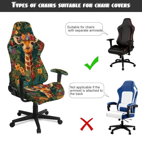 Giraffe Print Gaming Chair Cover with Armrest Covers Tropical Plants Print Stretchable Washable Computer Office Chair Seat Slipcovers Universal Fit for Desk/Swivel/Rotating Chairs Protector - color: Brown and Green - Giraffe Tropical Plants