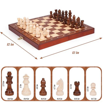 Magnetic Travel Chess Set with Wooden Folding Board – 12 Inch Portable Magnetic Chess Board Game with Handcrafted Wooden Pieces, 2 Extra Queens, Strategy Chess Set for Adults Kids Beginners