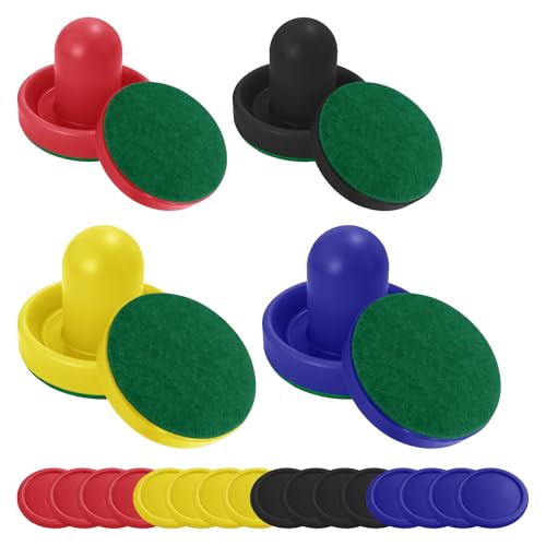 4 Set Air Hockey Pucks and Paddles Air Hockey Strikers Pushers Air Hockey Table Replacement Accessories with 2 Sets of 76mm Push Handles and 2 Sets of 96mm Push Handles, All Containing 64mm Balls