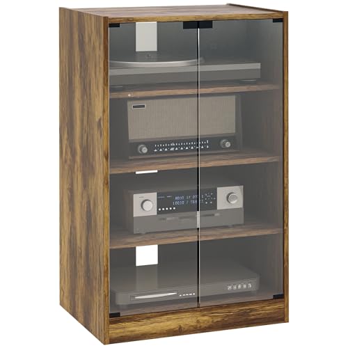 HOMCOM Media Cabinet, 4-Tier Stereo Cabinet for Vinyl Record Player, Gaming Console, AV Record Player Stand with Adjustable Shelves, Push-to-Open Glass Doors and Cable Management, Rustic Brown - color: Rustic Brown