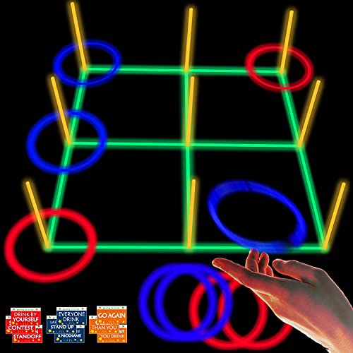 18.2Inch 3-in-1 Glowing Ring Toss Tic Tac Toe Outdoor Game for Adults and Family, Camping Games, 5 Blue Rings & 5 Red Rings